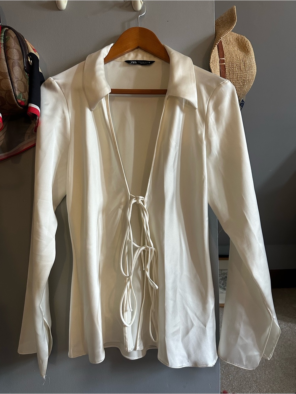 Zara White Tie-Front Satin Blouse